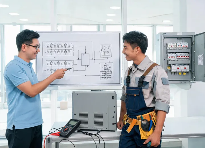 Advisor reviewing an inverter single-line diagram